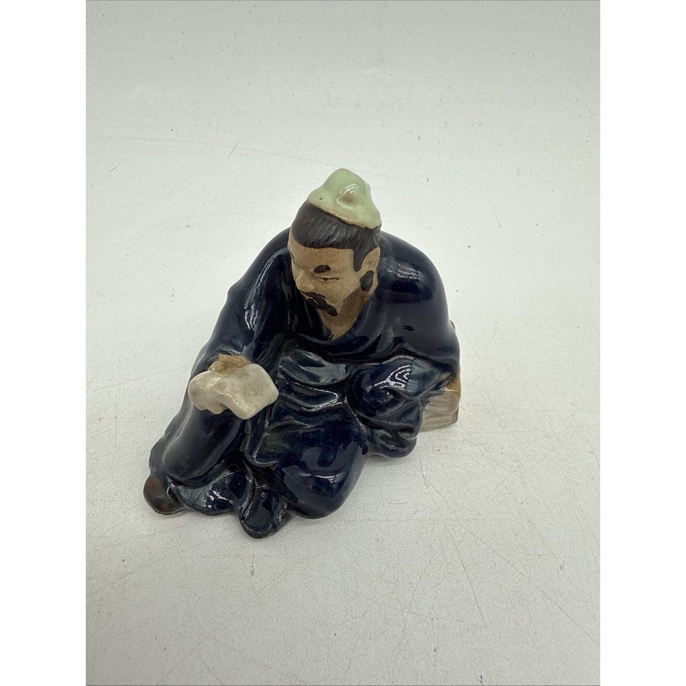 Vintage Shiwan Chinese Mudman Figurine Seated In Robe With Book